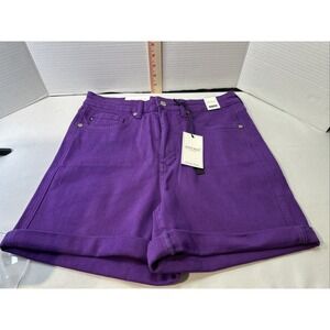 JUDY BLUE Denim Shorts‎ Size Lg High Waist Tummy Control Garment Dyed Purple